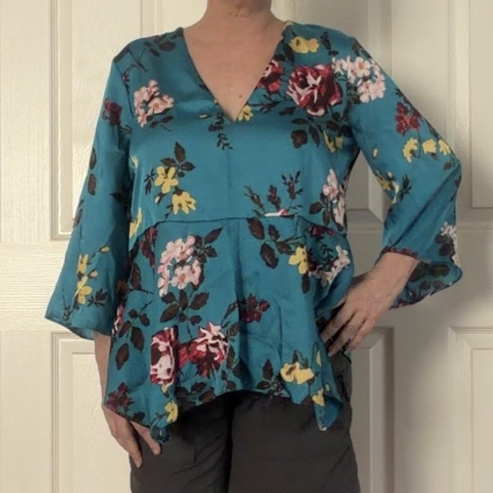 ZARA Womens S Teal Floral V-Neck 3/4 Sleeve Pullover Satin Polyester Blouse